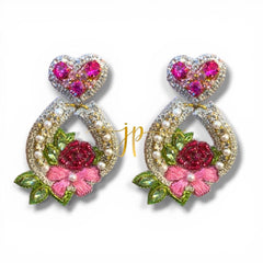 Pink Rhinestone and Pearl Beaded Horseshoe Dangle Earrings with Heart Toppers