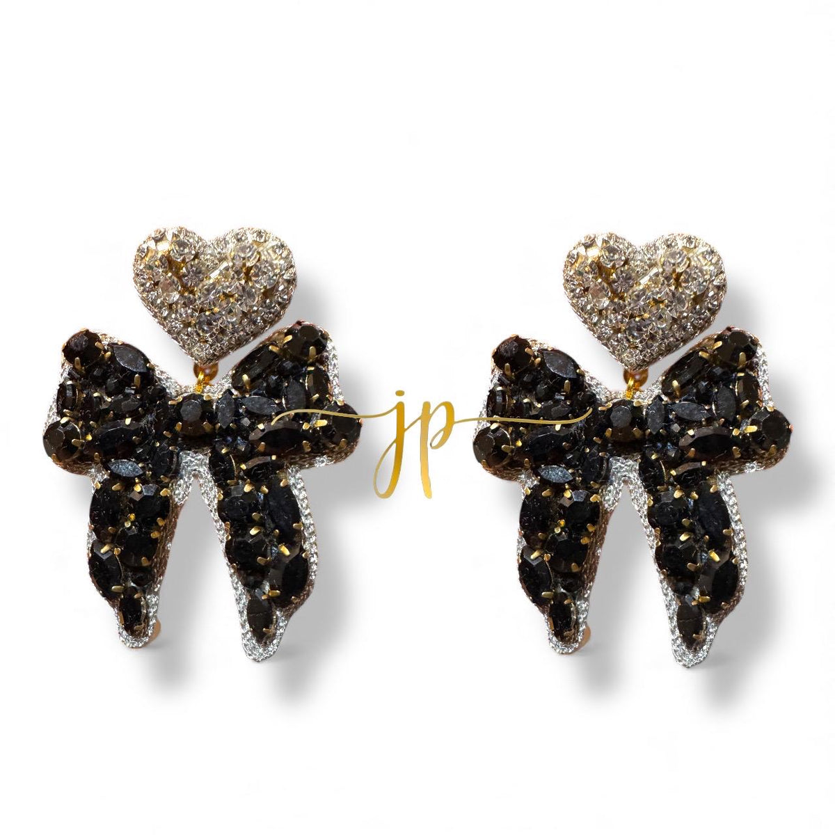 Black Beaded Rhinestone Bow Earrings with Heart Topper for New Years
