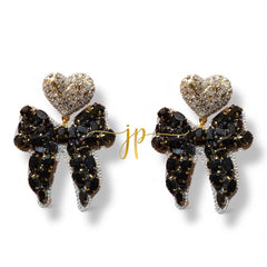 Black Beaded Rhinestone Bow Earrings with Heart Topper for New Years