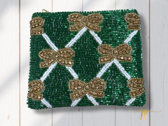 Green Beaded Coin Purse with Gold Bows