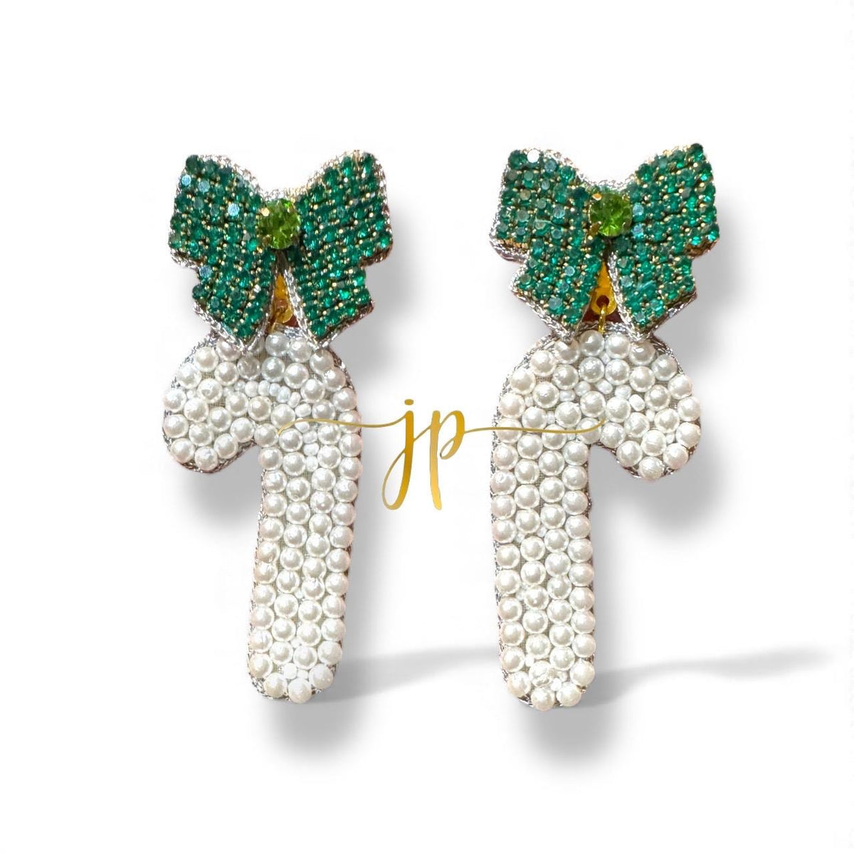 Enchanted Evergreen Pearl Candy Cane Earrings with Green Bow Topper