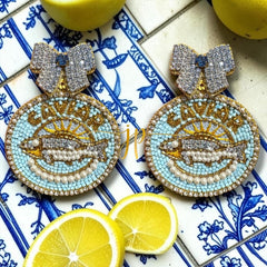 Blue Caviar Sardine Beaded Statement Earrings with Pink Bow Rhinestones, Italian Coastal Jewelry