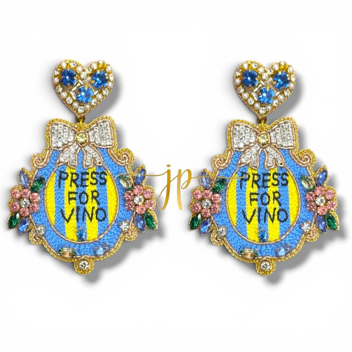 Press for Vino Door Bell Beaded Statement Earrings with Blue Bow Rhinestones, Italian Coastal Jewelry