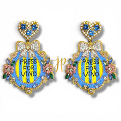 Press for Vino Door Bell Beaded Statement Earrings with Blue Bow Rhinestones, Italian Coastal Jewelry