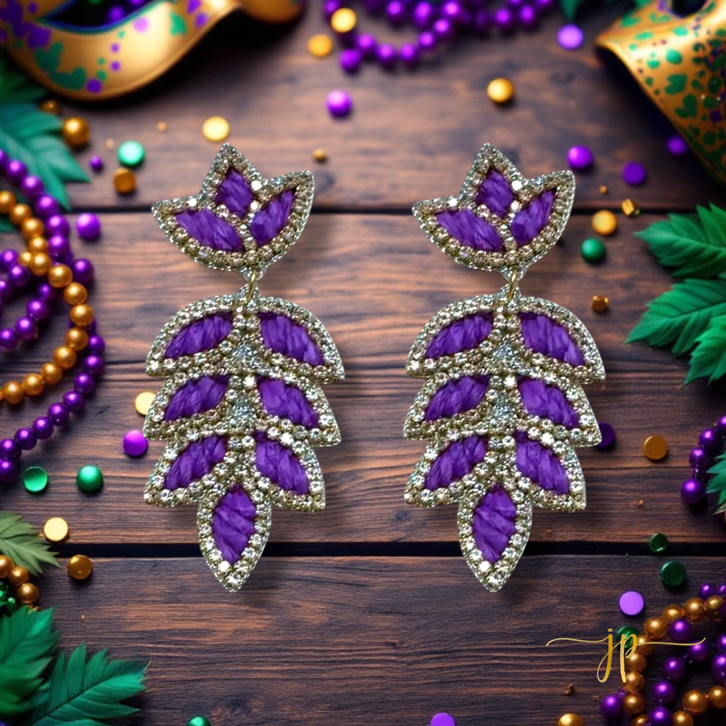 Purple Leaf Shaped Earrings in Raffia and Rhinestone Statement Earrings