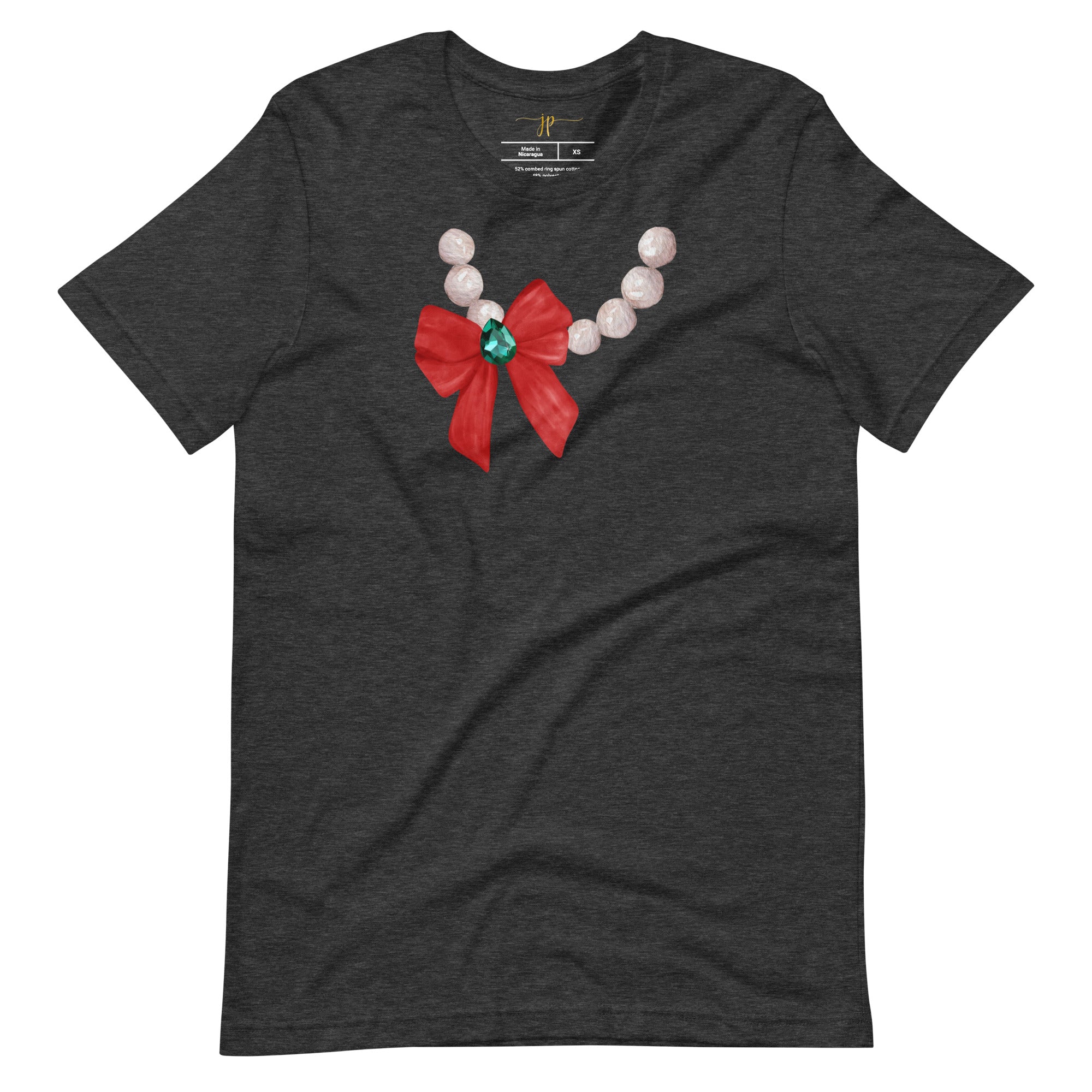 Red Bow and White Pearls Ladies Christmas T-Shirt