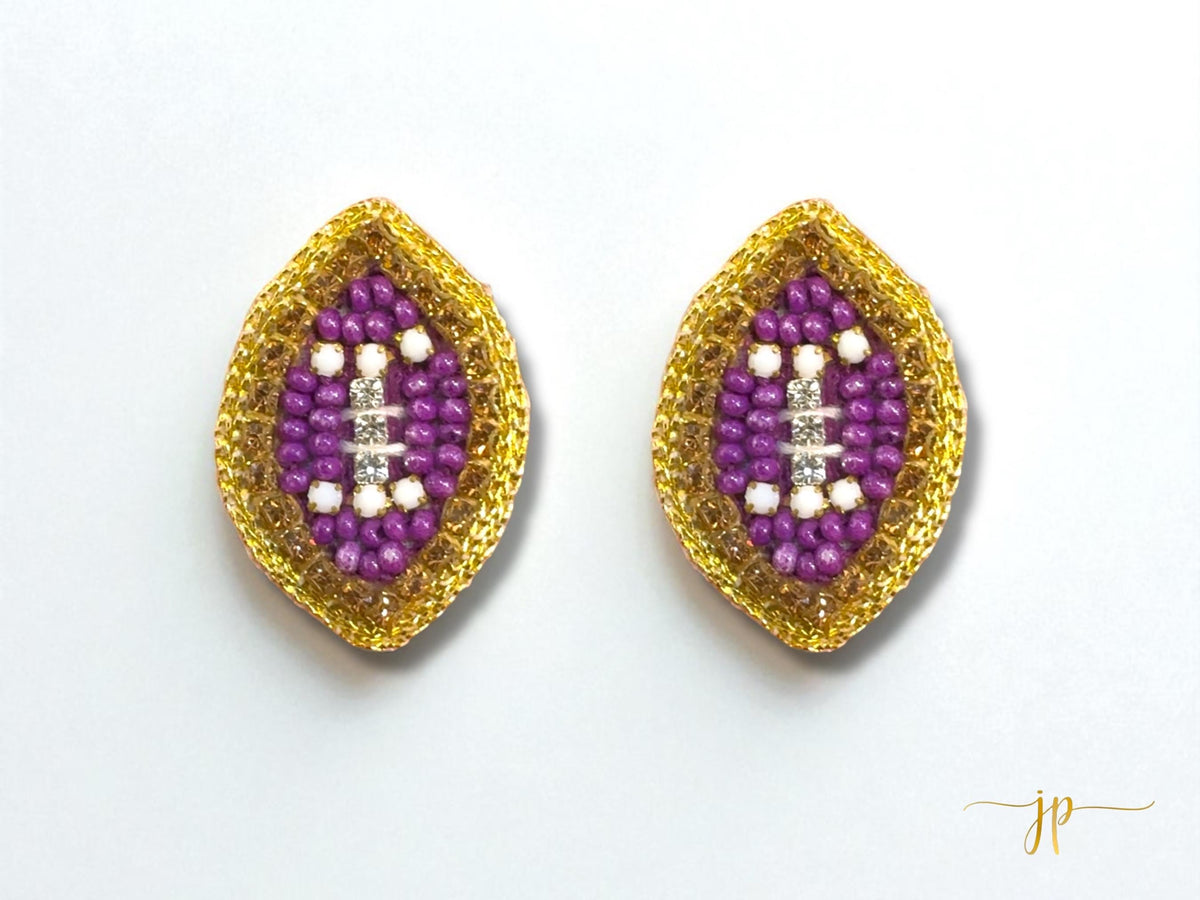 Purple and Gold  Beaded Football Stud Earrings