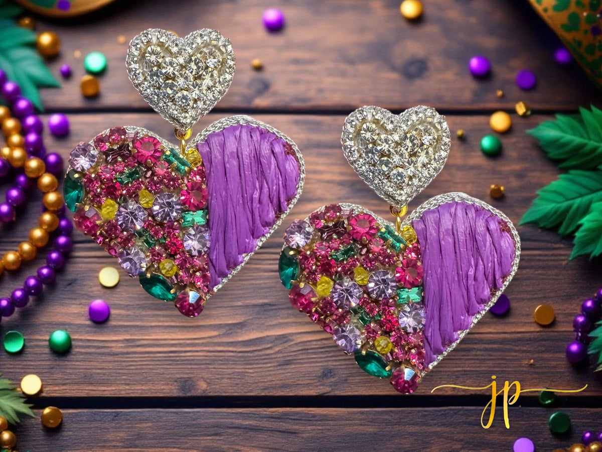 Glittering Heart Masquerade Purple Gold Green Rhinestone Heart Earrings with Heart Toppers for Mardi Gras