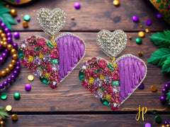 Glittering Heart Masquerade Purple Gold Green Rhinestone Heart Earrings with Heart Toppers for Mardi Gras