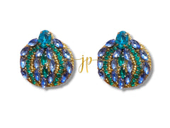 Emerald Sapphire Jeweled Peacock Pumpkin Stud Earrings with Rhinestones