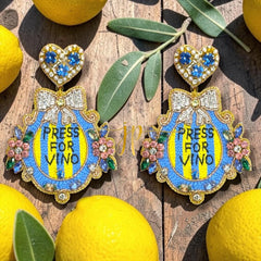 Press for Vino Door Bell Beaded Statement Earrings with Blue Bow Rhinestones, Italian Coastal Jewelry