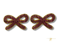 Game Day Purple and Gold Rhinestone String Bow Beaded Stud Earrings