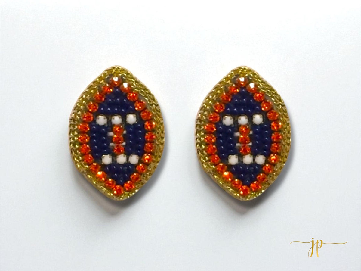 Navy Blue and Orange Beaded Football Stud Earrings