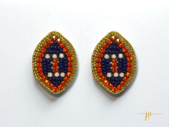 Navy Blue and Orange Beaded Football Stud Earrings