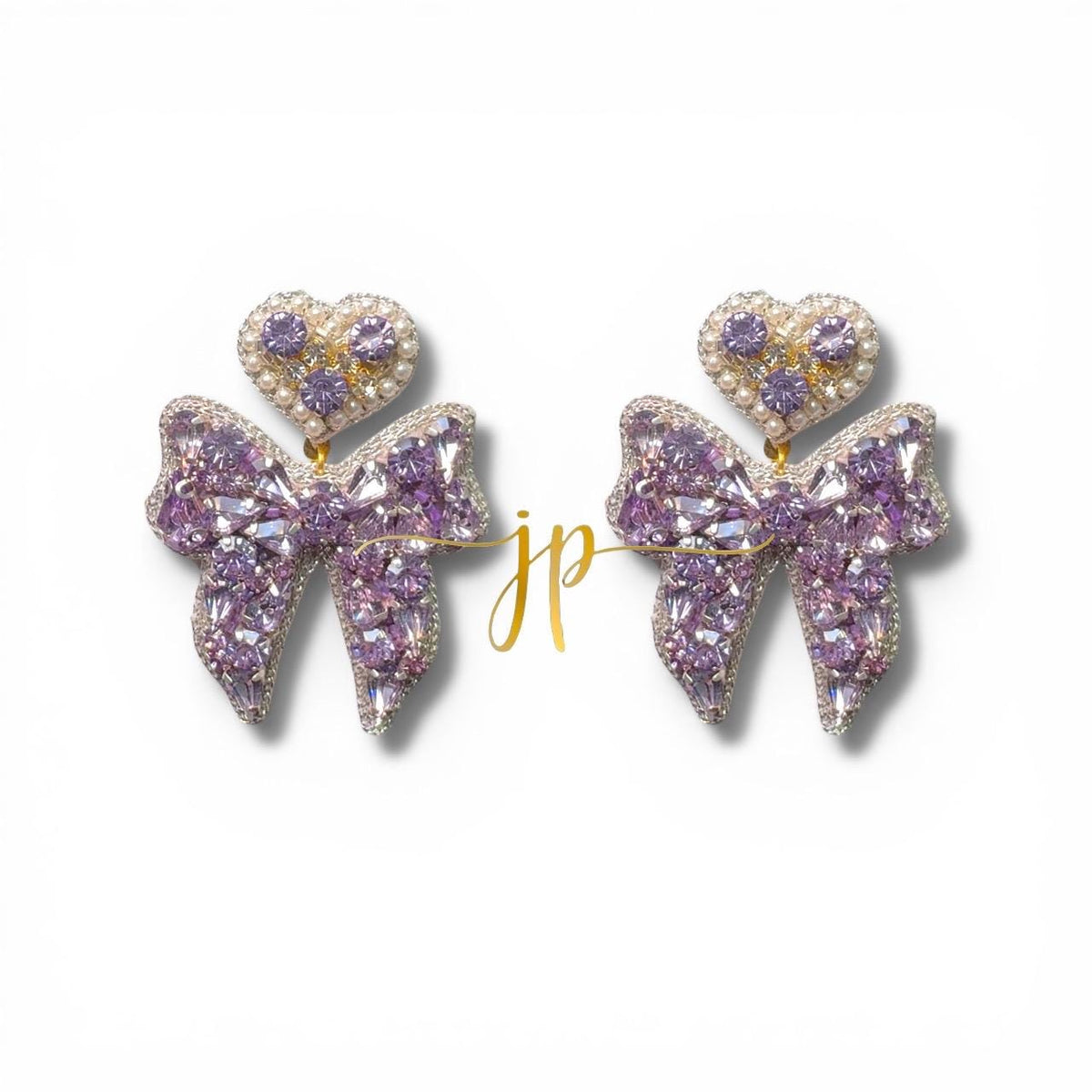 Lavender Beaded Rhinestone Bow Earrings with Heart Topper