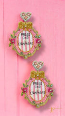 Beaded Pink Press For Champagne Door Bell Sign Statement Earrings with Heart Rhinestone Topper
