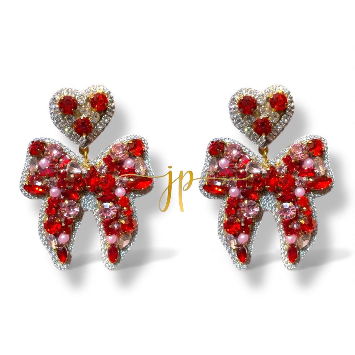Red and Pink Beaded Rhinestone Bow Earrings with Heart Topper
