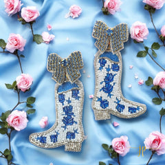 Porcelain Blue and White Rose Toile Pattern Coquette Cowboy Boot Earrings with  Rhinestone Bows