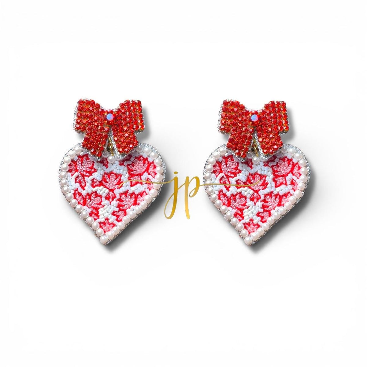 Porcelain Red and White Toile Pearl Heart Earrings with Pink Rhinestone Bow Toppers