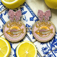 Caviar Sardine Beaded Statement Earrings in Pink with Bow Rhinestones, Italian Coastal Jewelry