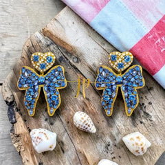 Blue Beaded Rhinestone Bow Earrings with Heart Topper