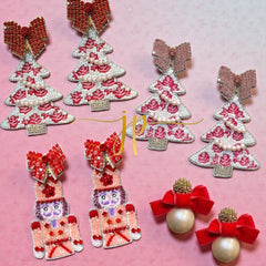 Porcelain Red and White Rose Toile Pattern Coquette Christmas Tree Earrings