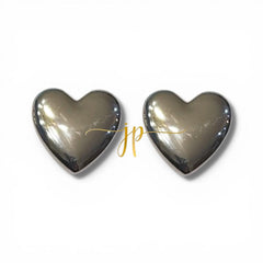 Solid Sterling Silver Puffy Heart Stud Earrings with Rhodium Finish Handcrafted in Taxco Guerrero Mexico