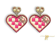 Pink and White Checkered Heart Beaded Earrings