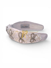 White Rhinestone Bow Lattice Beaded Knotted Headband