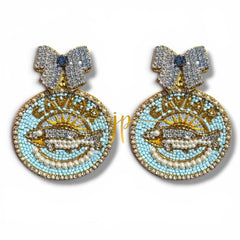 Blue Caviar Sardine Beaded Statement Earrings with Pink Bow Rhinestones, Italian Coastal Jewelry