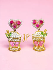 Pink Mint Julep Beaded Dangle Earrings with Pink Bow and Heart Toppers