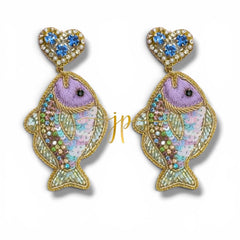 Iridescent Mediterranean Orata Fish Earrings with Blue Rhinestone Heart Toppers, Italian Coastal Jewelry