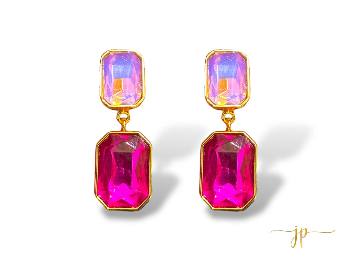 Emily Emerald-Cut Pink and Iridescent Light Pink Opulent Double Gemstone Dangle Earrings