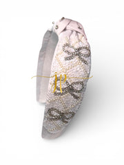 White Rhinestone Bow Lattice Beaded Knotted Headband