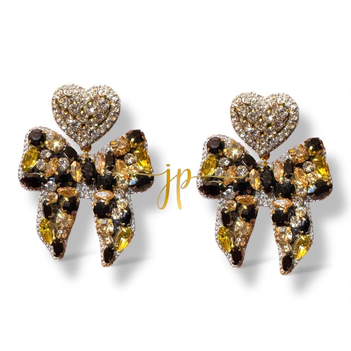 Black and Gold Beaded Rhinestone Bow Earrings with Heart Topper for New Year