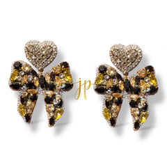 Black and Gold Beaded Rhinestone Bow Earrings with Heart Topper for New Year