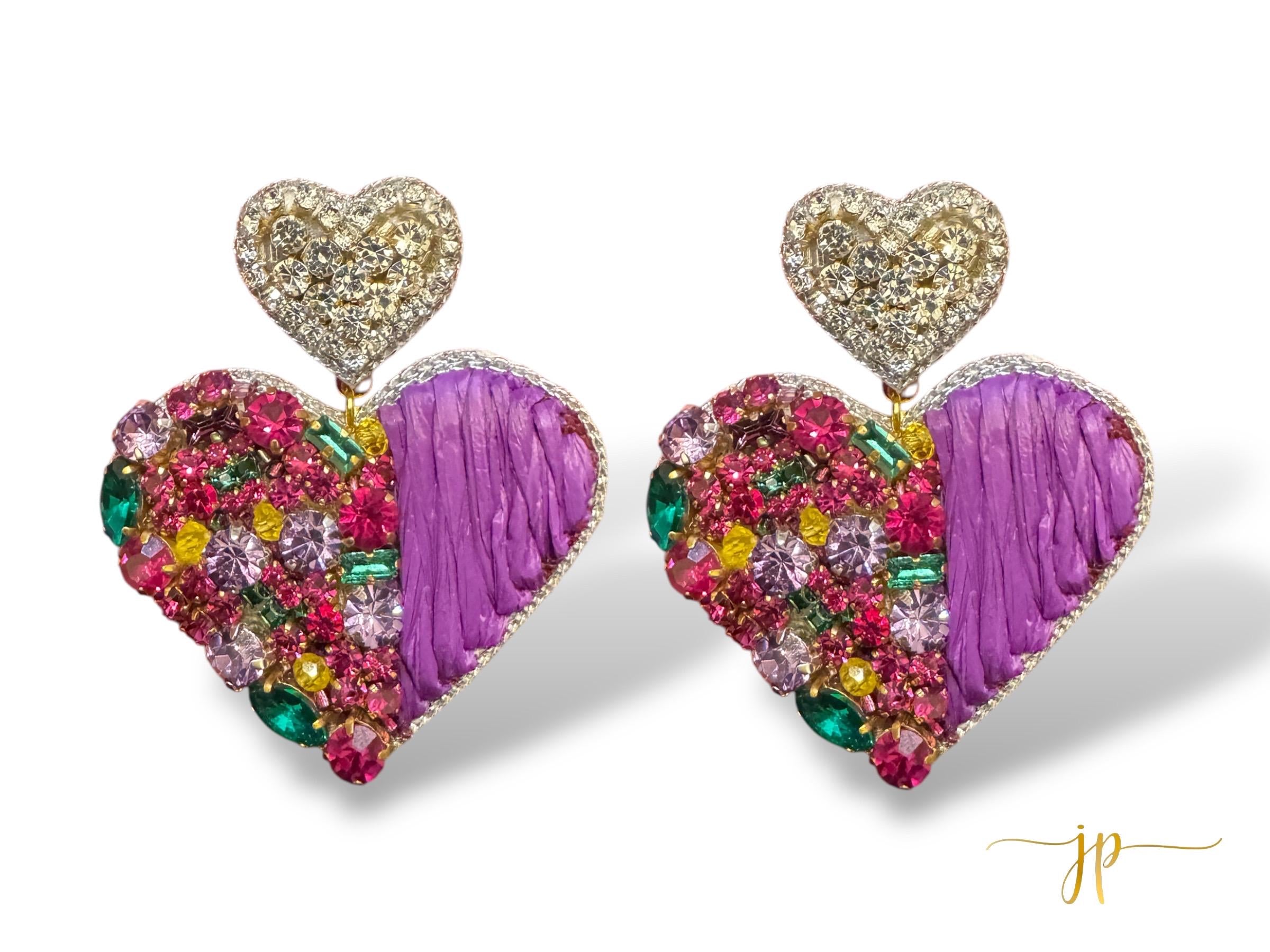 Glittering Heart Masquerade Purple Gold Green Rhinestone Heart Earrings with Heart Toppers for Mardi Gras