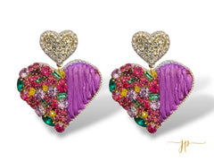 Glittering Heart Masquerade Purple Gold Green Rhinestone Heart Earrings with Heart Toppers for Mardi Gras
