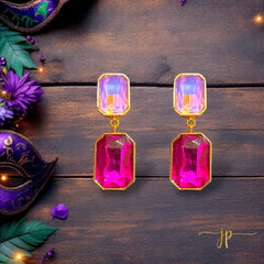 Emily Emerald-Cut Pink and Iridescent Light Pink Opulent Double Gemstone Dangle Earrings