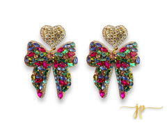 Jeweltoned Multicolored Bow Beaded Rhinestone Earrings | Hand Beaded Jewelry | Christmas Jewelry | Holiday Jewelry | Holiday Gift for Her