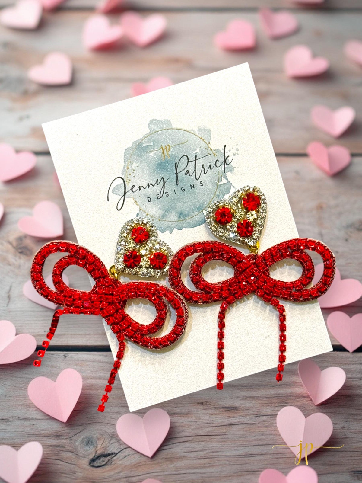 Red Sparkle Rhinestone String Bow Earrings