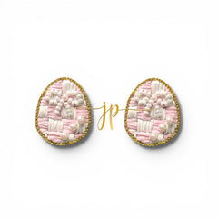 Duchess Pink Checkered Raffia Beaded Easter Egg Stud Earrings with Pearl Bow
