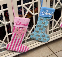 Coquette Beaded Pink Red Blue and Striped Rhinestone Bow Christmas Stocking