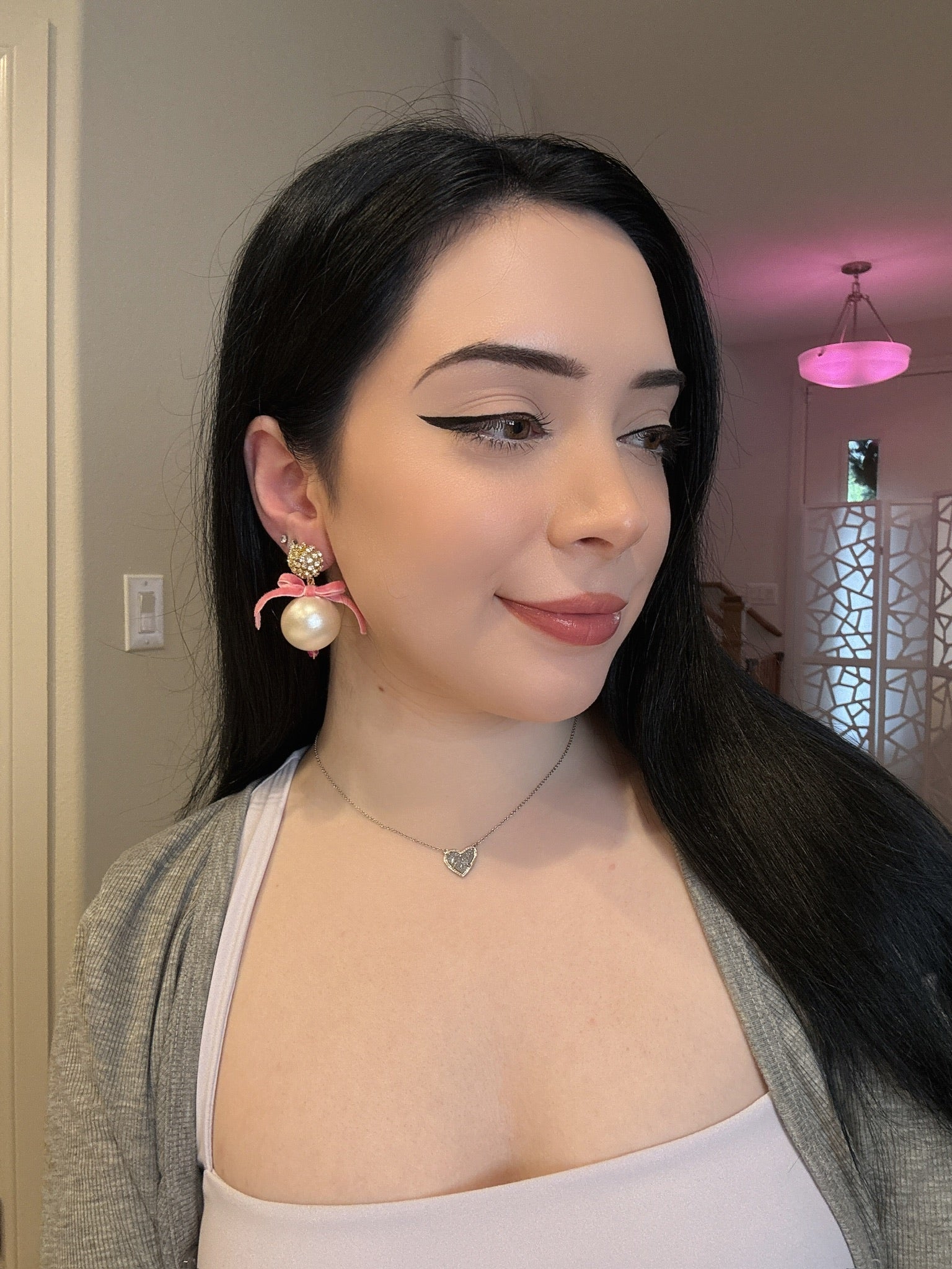 Velvet Pink Bow Pearl Drop Earrings