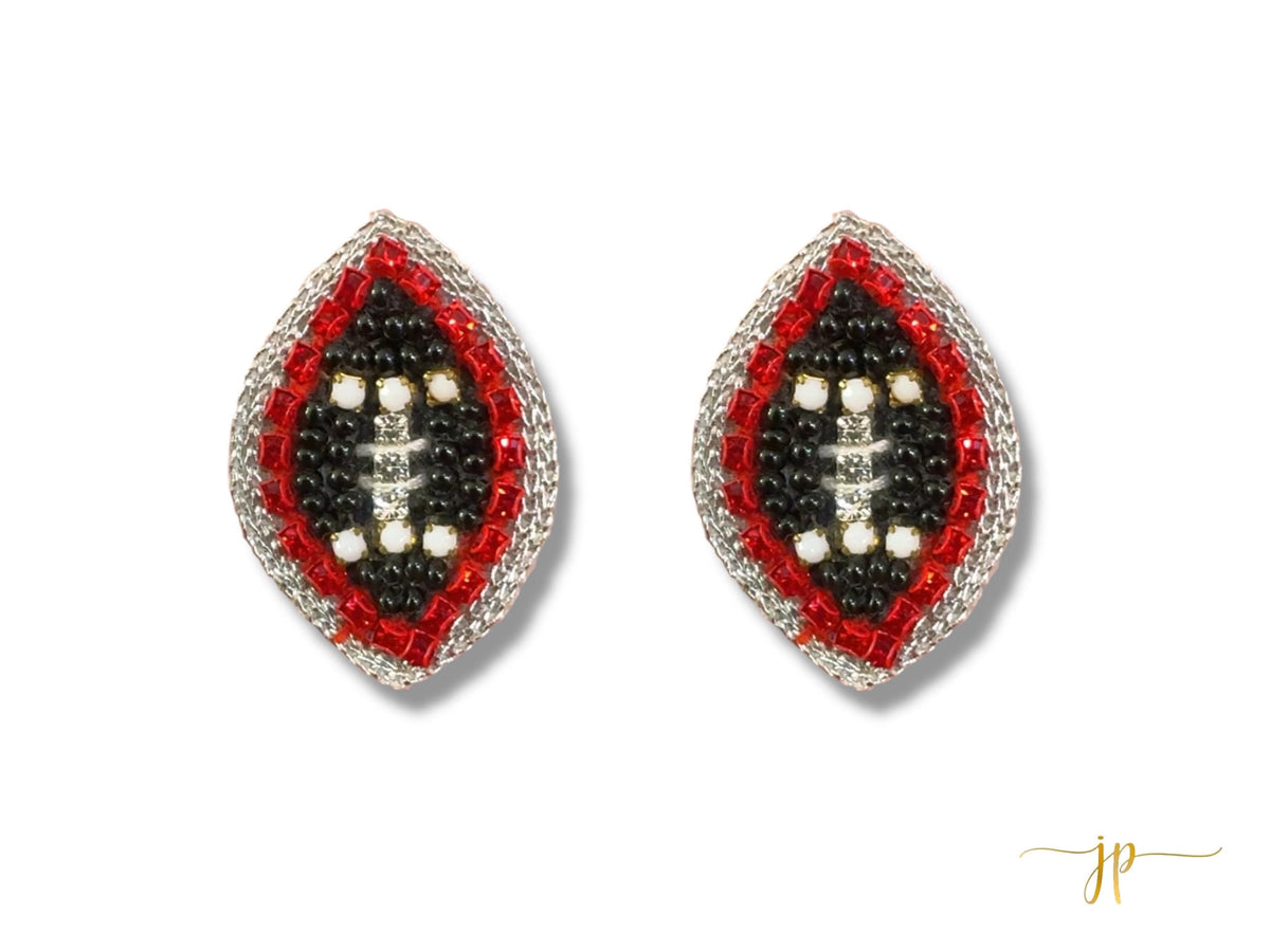 Black and Red Beaded Football Stud Earrings