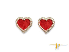 Luxe Red Velvet Heart Earrings with Pearl Outline Beaded Statement Earrings