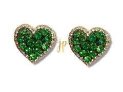 Large Heart Beaded Stud Earrings in Emerald Green  for Game Day