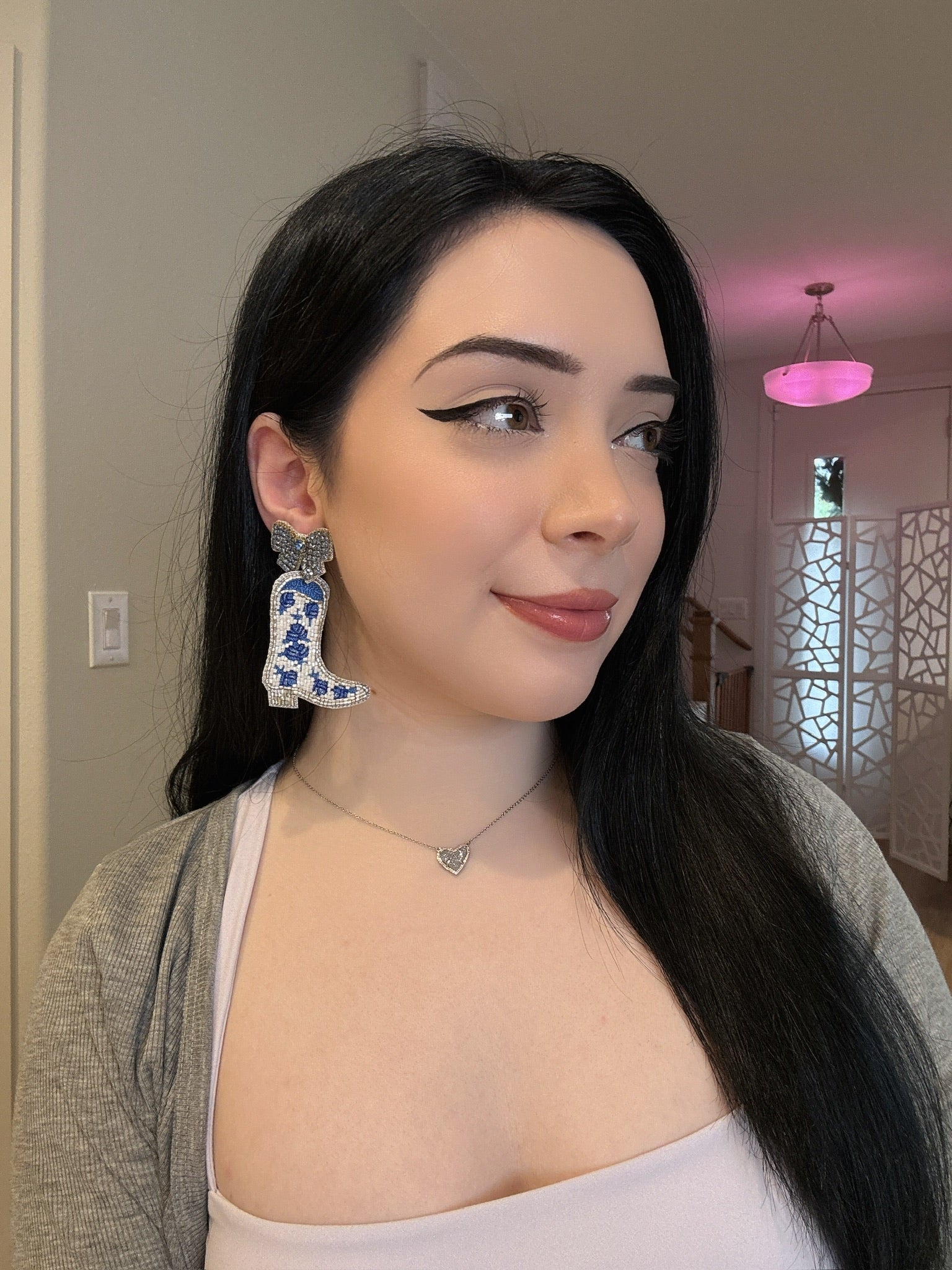 Porcelain Blue and White Rose Toile Pattern Coquette Cowboy Boot Earrings with  Rhinestone Bows