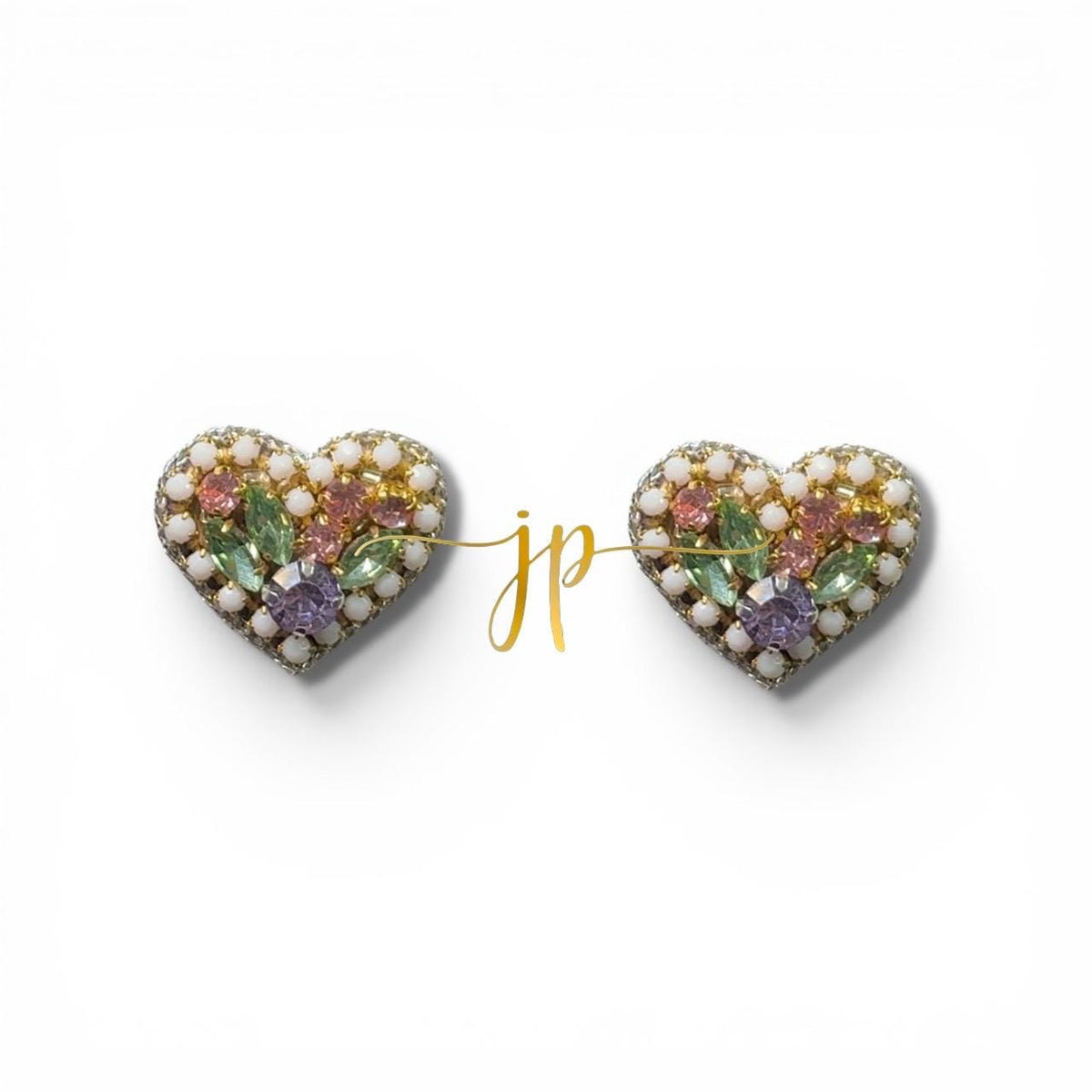 Pearl Blossom Heart Stud Earrings in Pastel Rhinestones and Pearls