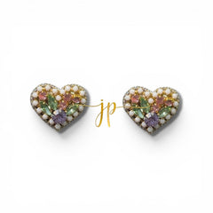 Pearl Blossom Heart Stud Earrings in Pastel Rhinestones and Pearls